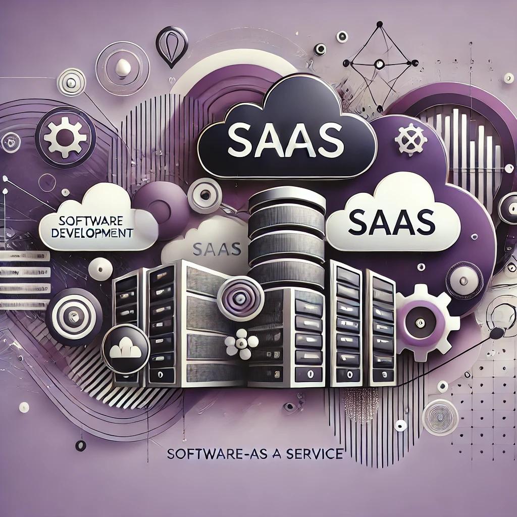 SaaS website development by Dulaney Web Services, with abstract cloud computing and digital infrastructure elements in purple, black, and grey