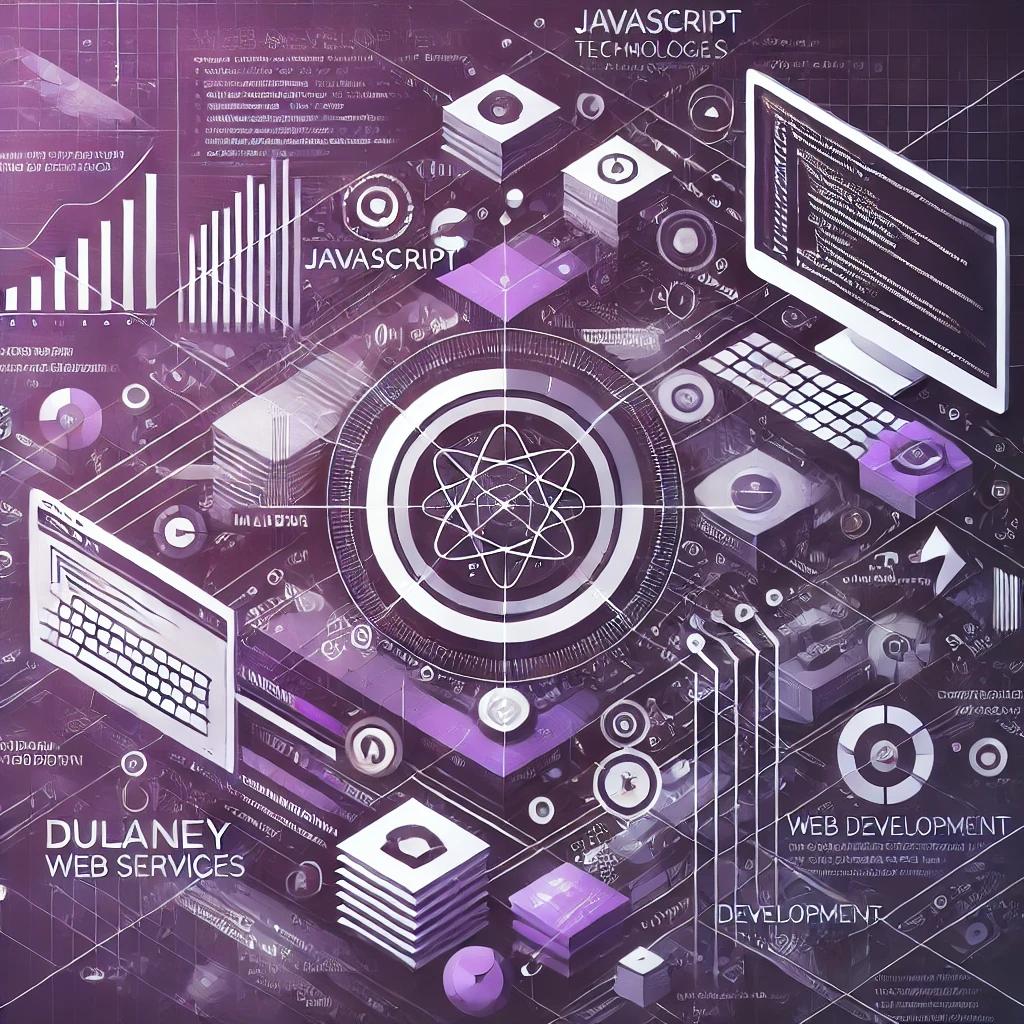 Web development technologies by Dulaney Web Services with icons representing JavaScript, PHP, and coding elements in a purple-focused design.